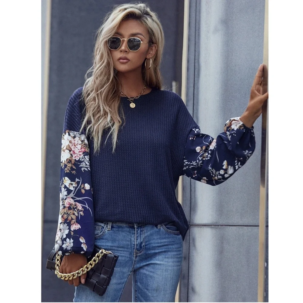 Navy Blue Floral Sleeves Casual Shirt Lantern Long Sleeves - Picture 2 of 8